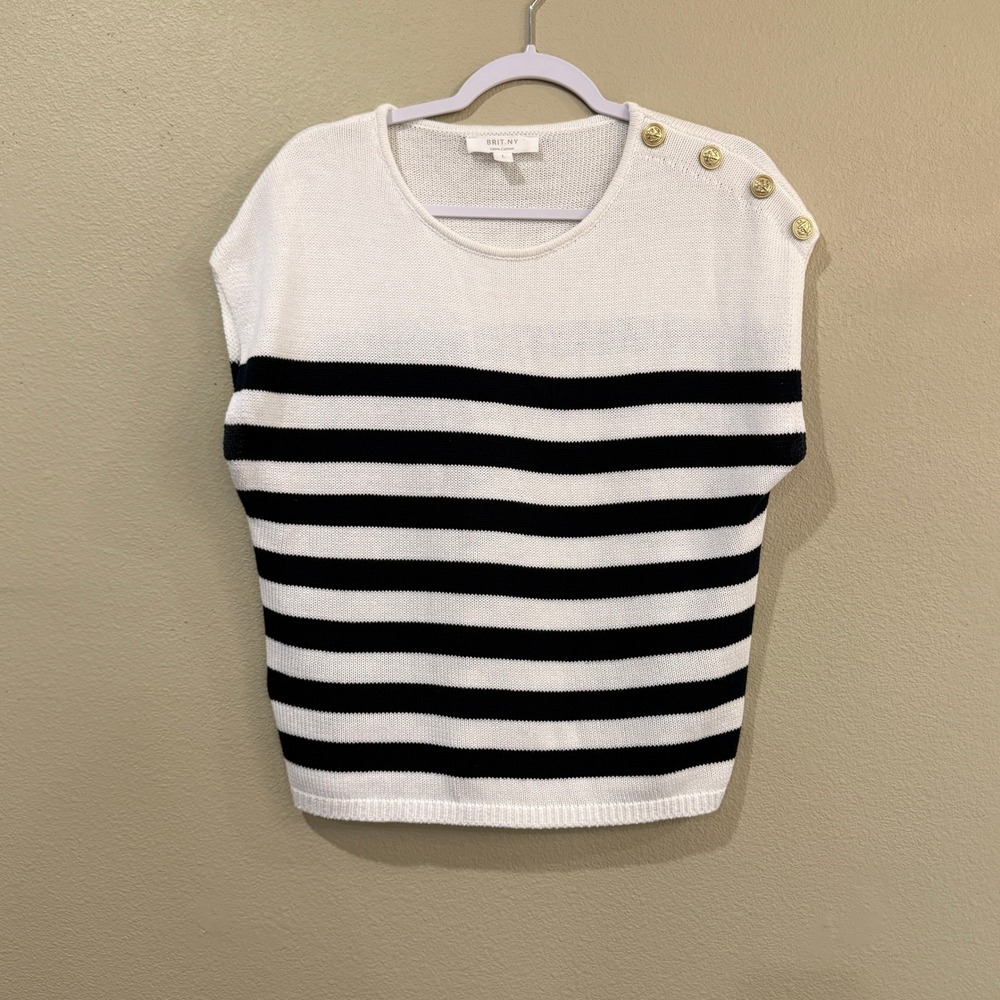 Brit.NY Womens L White Navy Striped Cotton Knit Sweater Nautical‎ Anchor Buttons